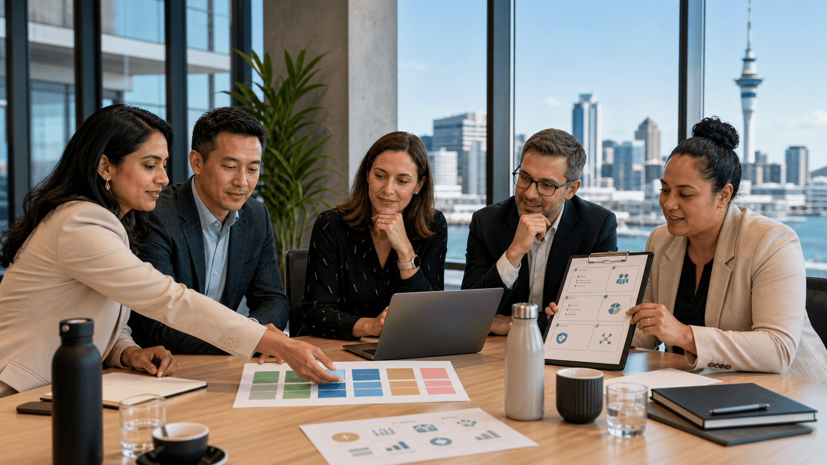 Blue-and-white scorecard dashboard with KPI charts, SLA checklist, compliance icons, and a selection matrix on a clean grid.