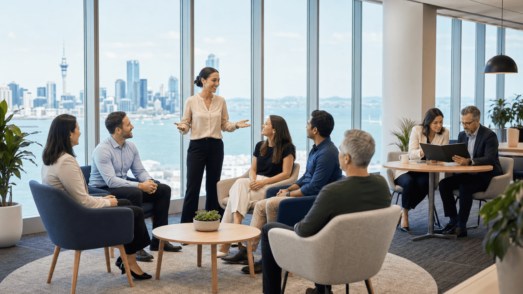 Modern Auckland office scene with diverse coworkers at desks, soft daylight through large windows, city skyline outside