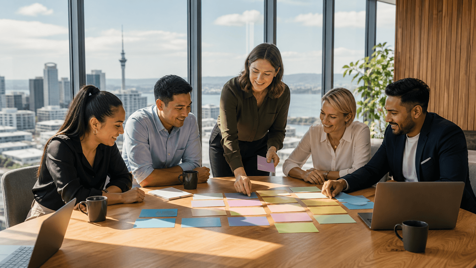 Modern Auckland office skyline with bold blue geometric overlays and a diverse team in a bright meeting room.
