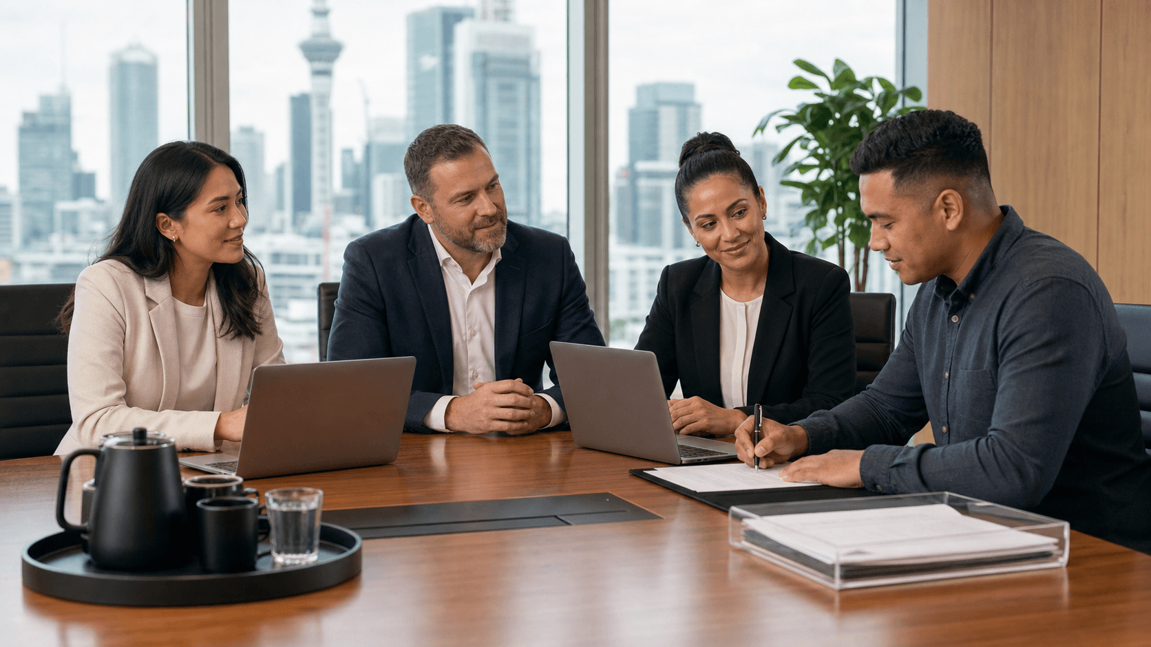 Modern office desk with clipboard and checklist, contract papers, and Auckland skyline in cool blue tones.