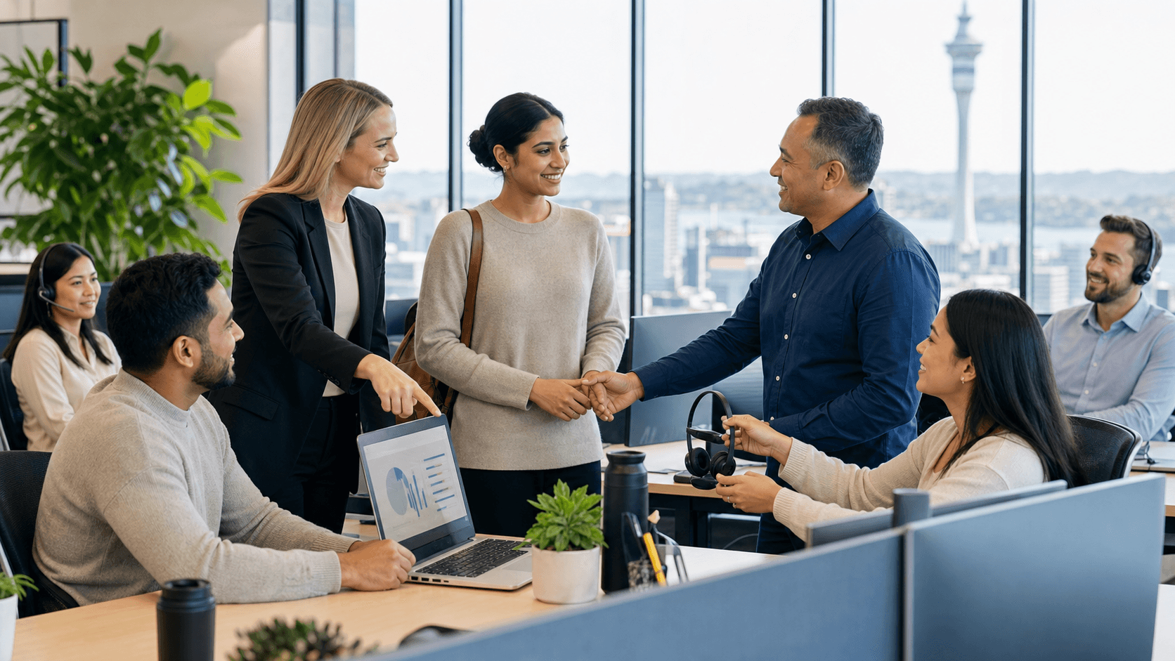 Modern office scene with diverse team at laptops, warm lighting, blue accents, and speech bubble icons overhead