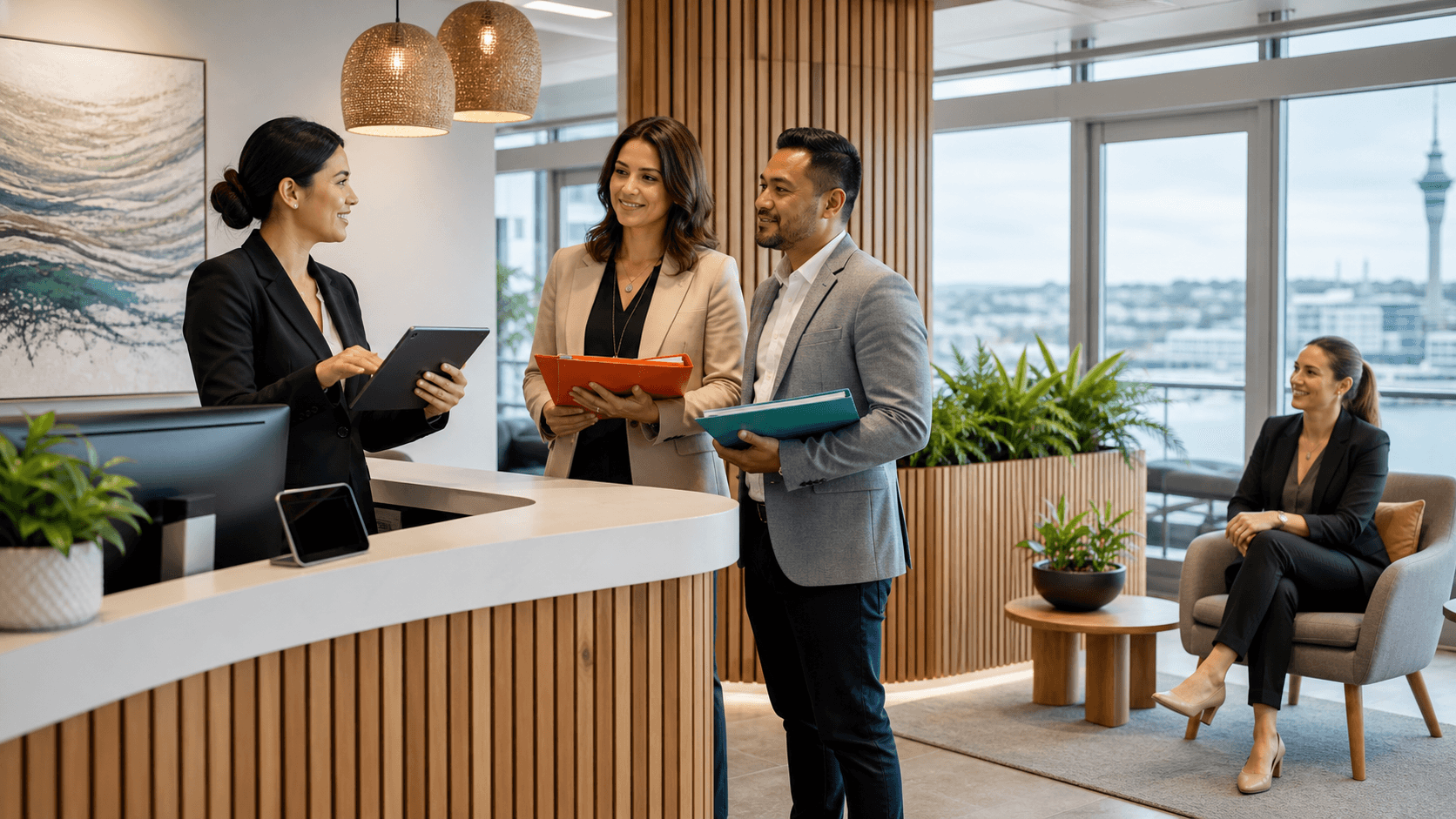 Modern office reception desk with a laptop and phone, sunlit windows, and Auckland skyline in the background