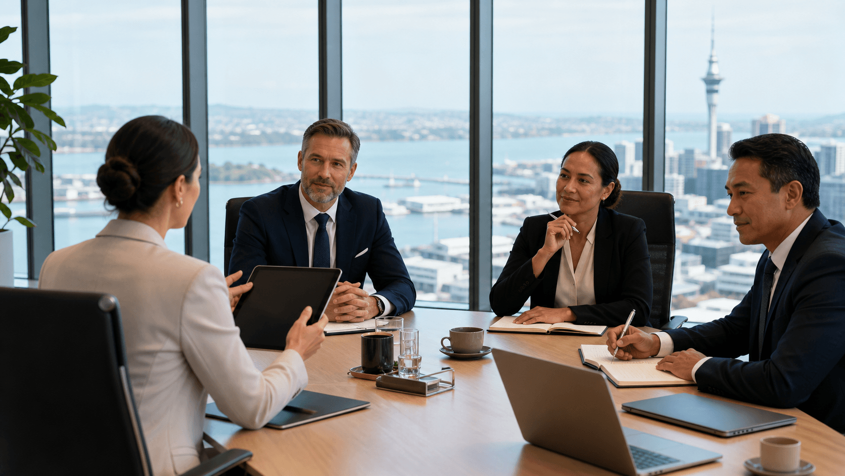Modern office scene with two professionals reviewing documents at a desk, Auckland skyline in soft daylight through windows