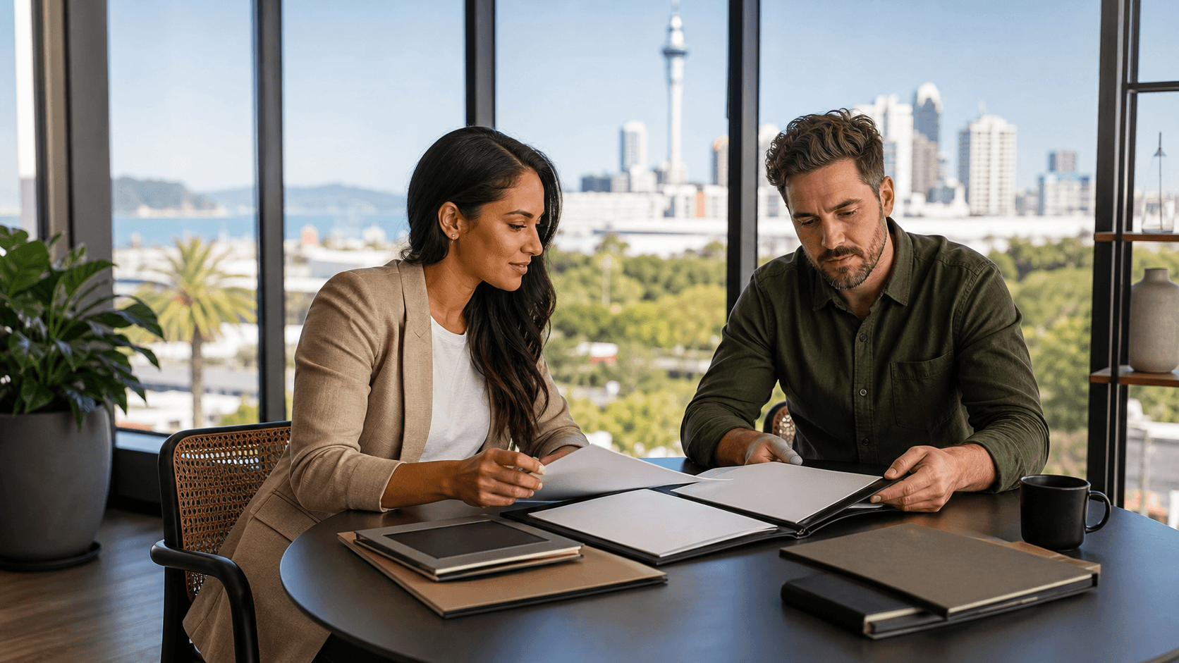 Recruiter reviewing candidate profiles on a laptop in a bright Auckland office with city skyline views.