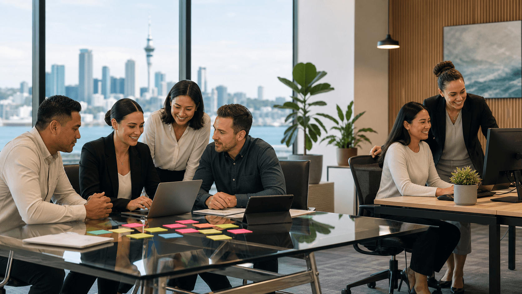 Split-screen illustration of an Auckland skyline with office icons, linked by blue and orange hiring workflow arrows