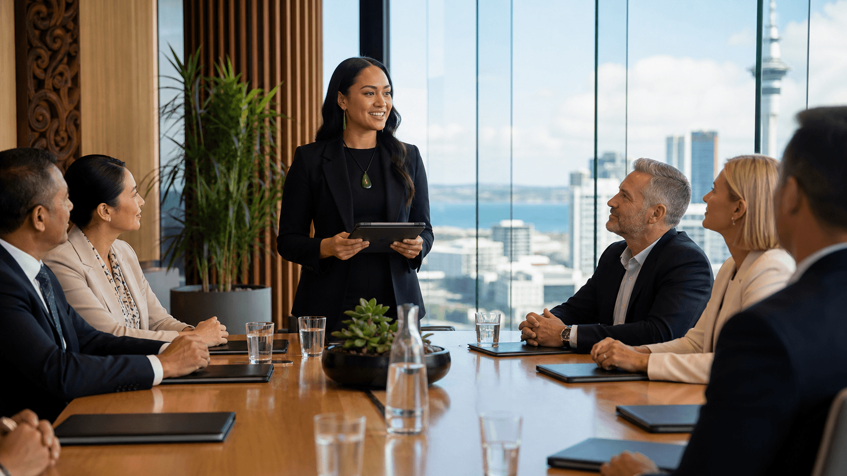 Professional woman in navy blazer working at a sunlit desk with Auckland skyline in the background.
