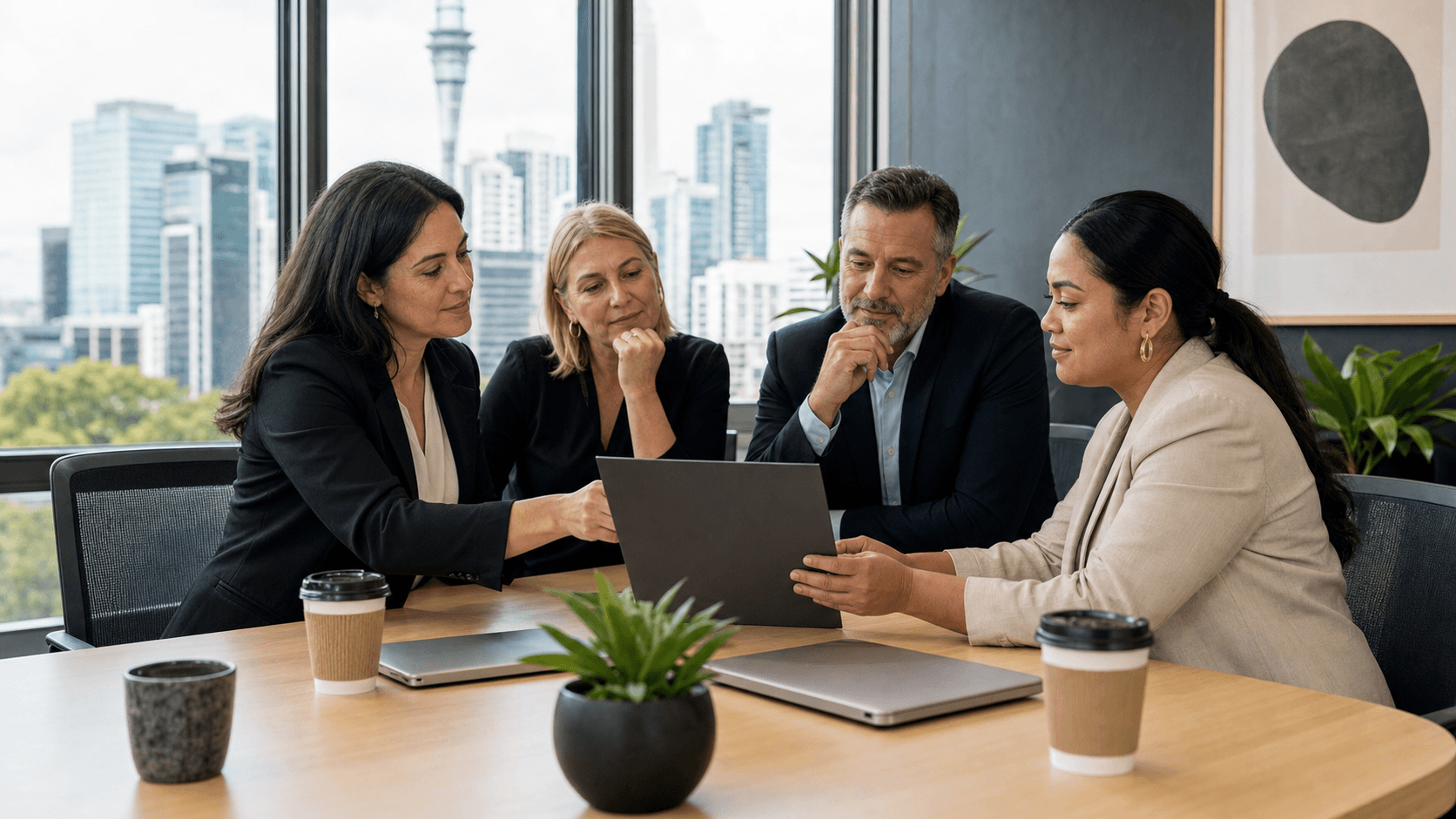Woman at desk in modern office, holding a question mark note by laptop, with Auckland skyline through window.