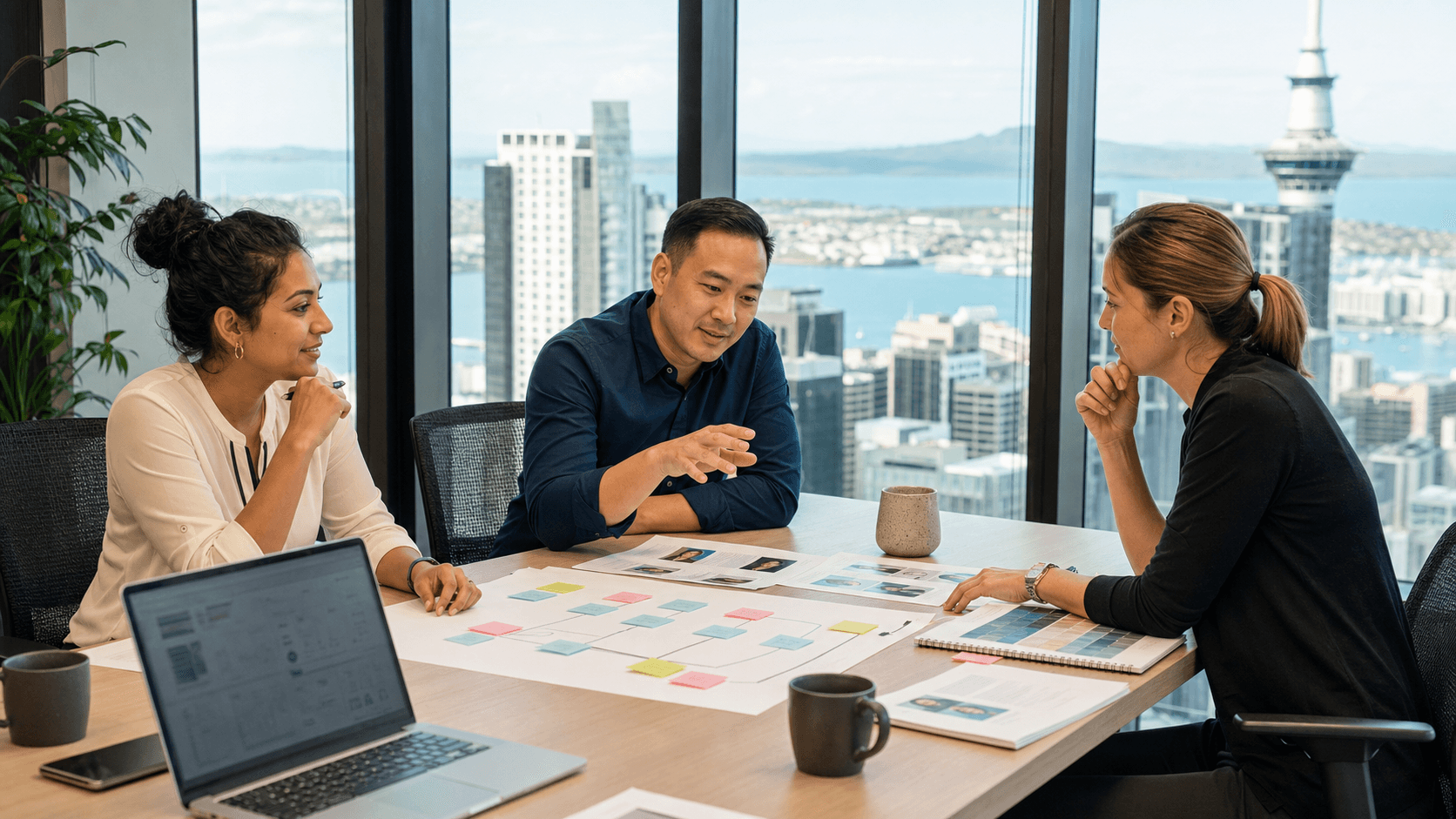 Modern office desk with laptop and checklist, blue-toned Auckland skyline in background, clean minimalist layout.
