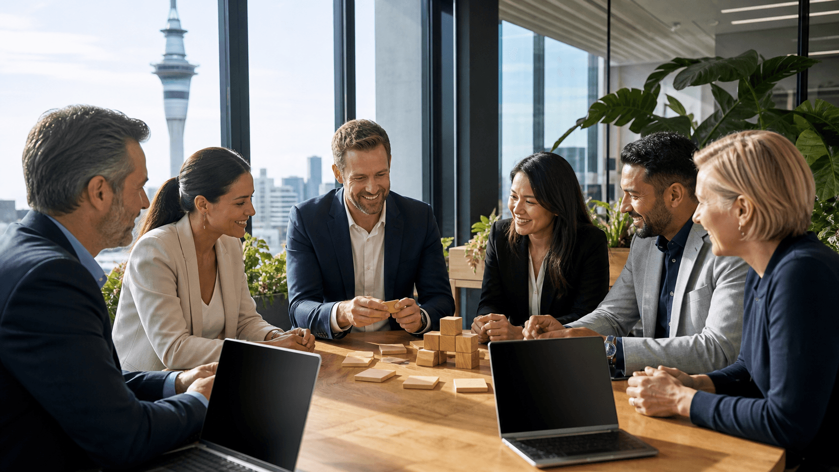 Businesspeople reviewing a contract at a bright office table, with Auckland skyline visible through windows.