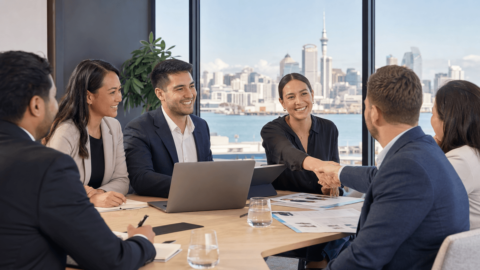 Bright modern office scene with two people shaking hands across a desk, Auckland skyline visible through large windows.